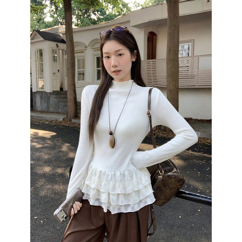 韩系蕾丝花边长袖T恤女秋季新款白色荷叶边叠穿修身显瘦内搭上衣