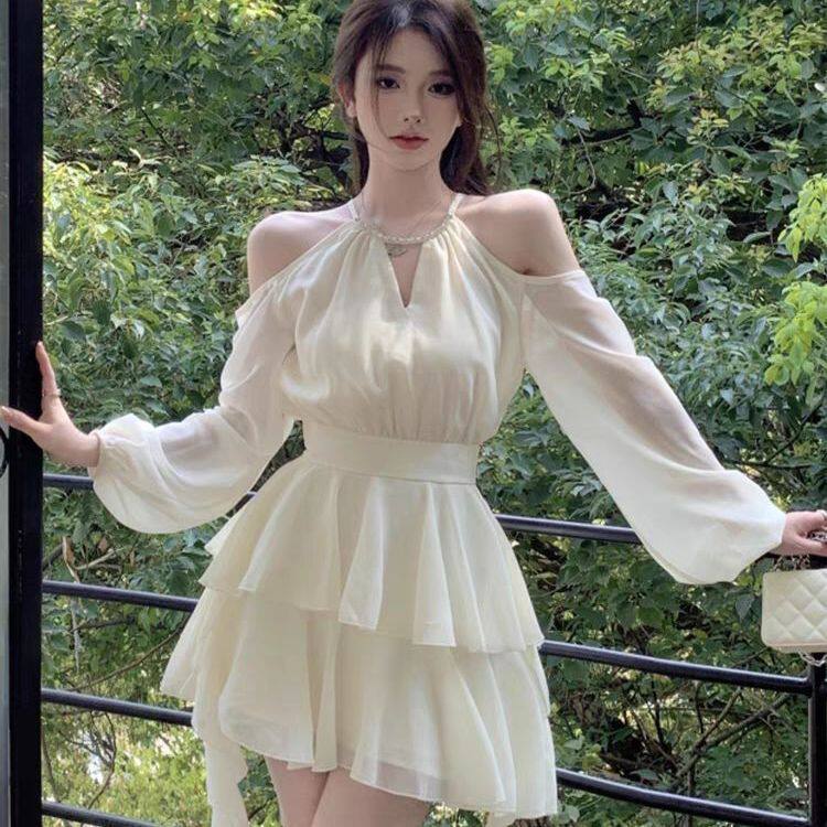 春夏大码胖mm法式长袖连衣裙仙女收腰甜美雪纺短裙荷叶边蛋糕裙子