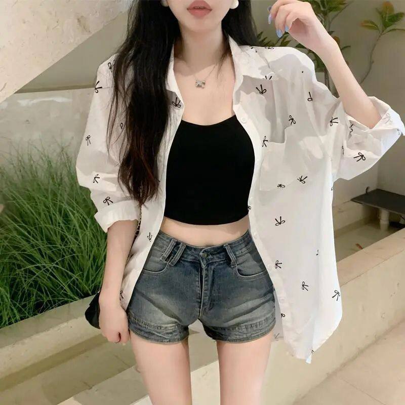 2025年夏季女装新款蝴蝶结印花宽松长袖白色小众设计防晒衬衫上衣