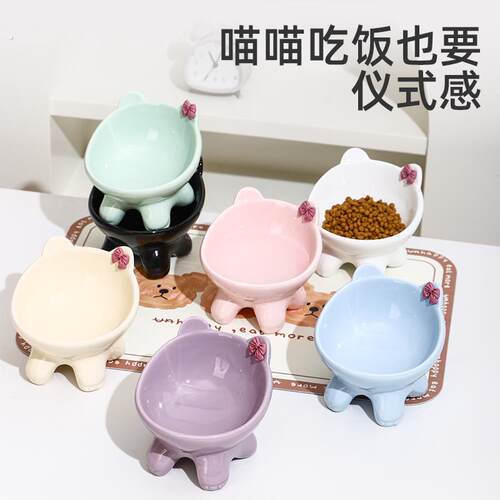 可爱陶瓷猫碗斜口猫食盆猫咪碗狗碗猫粮碗猫盆宠物碗猫盆猫饭碗