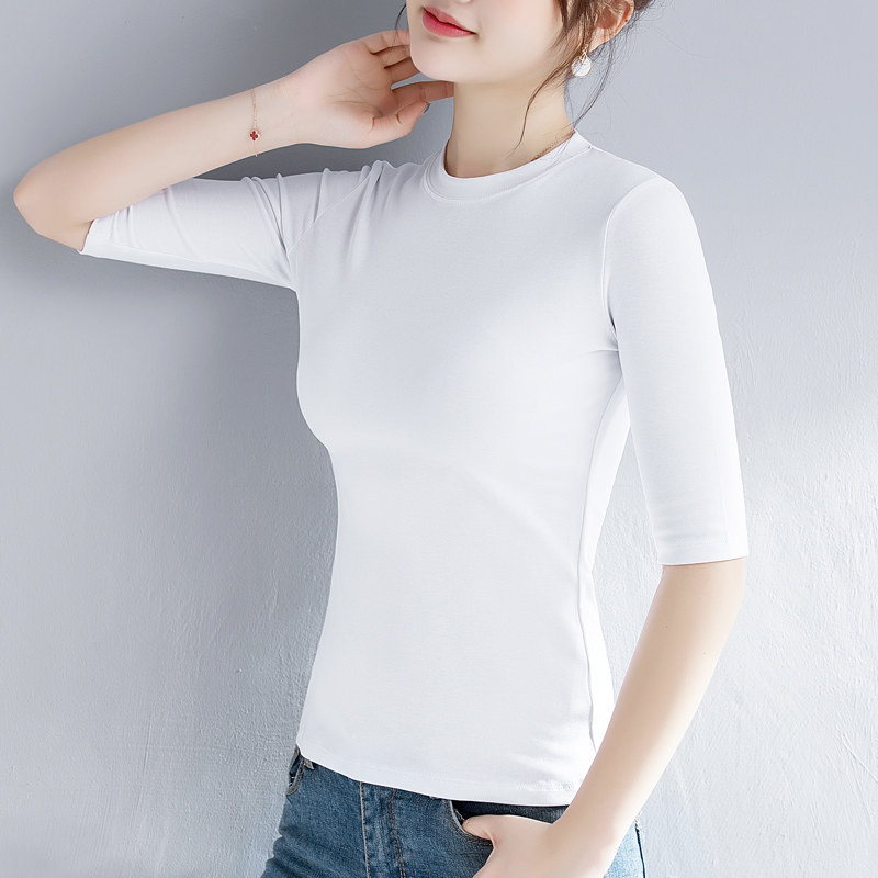 半高领白色中袖t恤上衣女2021新款夏内搭短袖t桖紧身七分袖打底衫