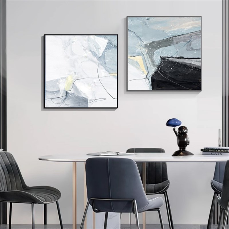 几何抽象餐厅装饰画创意方形挂画蓝色方块背景墙壁画高档大气墙画