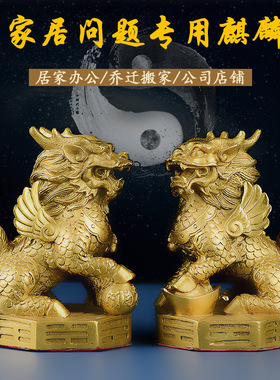 铜麒麟摆件一对纯铜饰品送子踩八卦门口客厅家居装饰品办公室书房