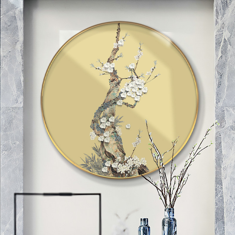 新中式圆形装饰画客厅玄关沙发背景墙桃花挂画样板房轻奢立体壁画