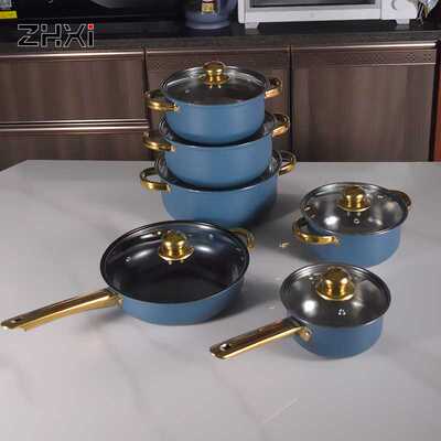 cookware set pots 12件套加厚多用途彩色不锈钢不粘锅家用锅具