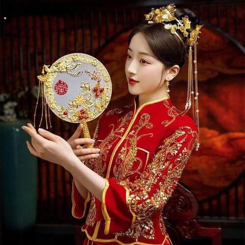 团扇结婚新娘蒲扇秀禾服中式扇子古风手工双面刺绣红色喜扇成品扇