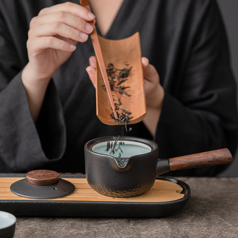 一壶二杯禅风黑陶瓷茶具日式简约侧把壶干泡盘小套装酒店一壶四杯