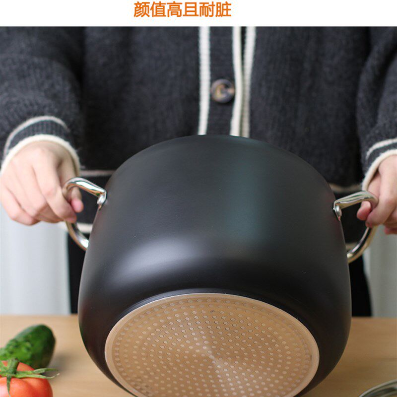 高颜值!出口英国黑色双耳不粘汤锅深汤锅炖肉锅煮意面熬馅料22cm
