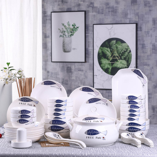 景德镇66件碗碟套装 简约创意面汤碗盘组合 家用吃饭碗筷陶瓷餐具