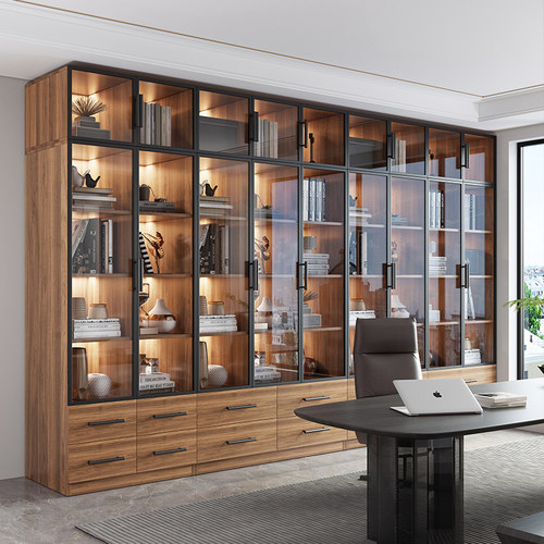 书柜玻璃门实木定制轻奢家用客厅展示柜防尘柜子一体整墙组合书架