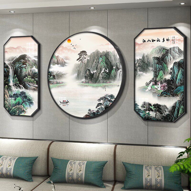 高档中式山水风景装饰画客厅沙发背景墙挂画书房茶室软装圆形壁画