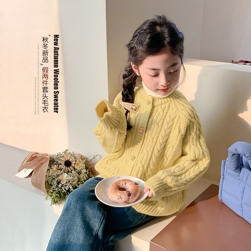 女童毛衣秋冬款2024新款儿童毛线衣假两件冬装女孩加厚打底针织衫