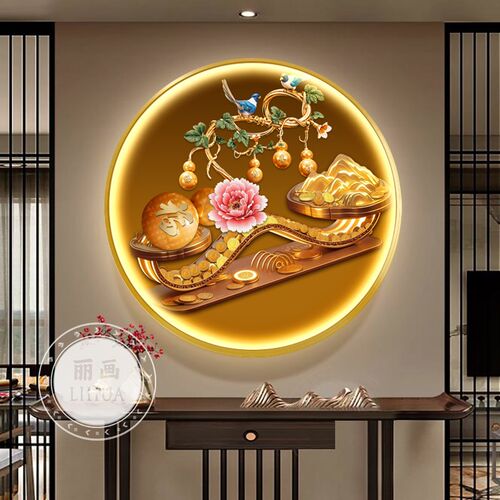 新中式圆形葫芦玄关装饰画走廊过道挂画福字壁灯画牡丹花LED灯画