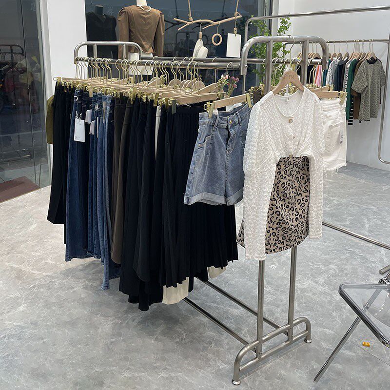 不锈钢服装店中岛展示架落地双排双杠带轮童装女装店铺中间挂衣架