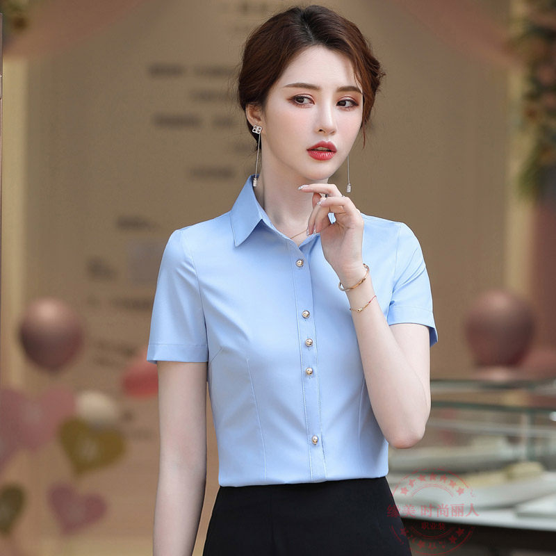 酒店前台服务员工作服短袖白衬衫女餐饮收银员工装显瘦职业装衬衣