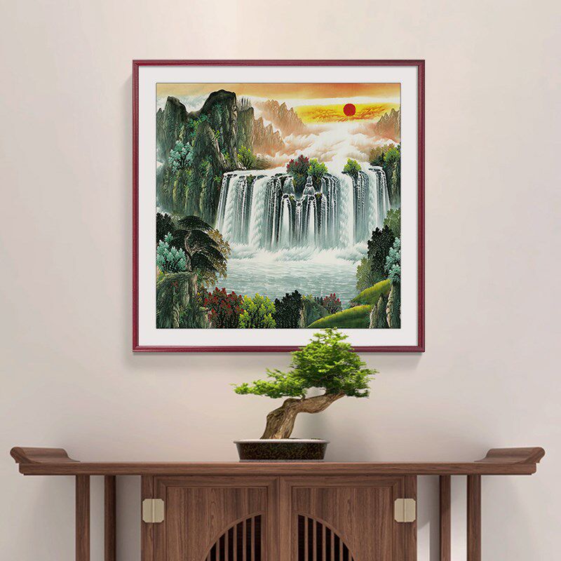 旭日东升山水画玄关装饰画新中式斗方走廊过道挂画风景小幅客厅画
