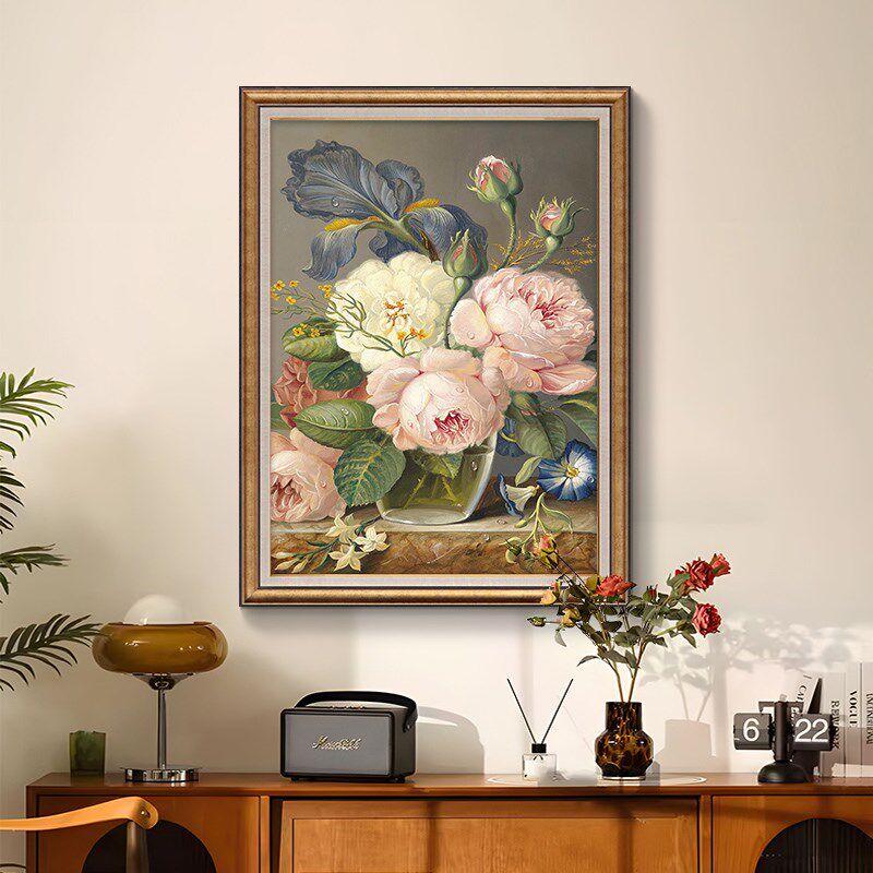 美式玄关装饰画牡丹花卉复古油画走廊过道壁画欧式餐厅背景墙挂画