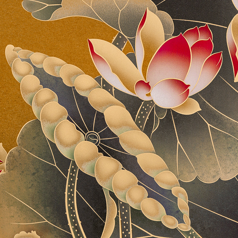 锦鲤荷花九鱼图走廊玄关中式装饰画金色大气高级实木挂画新家好礼