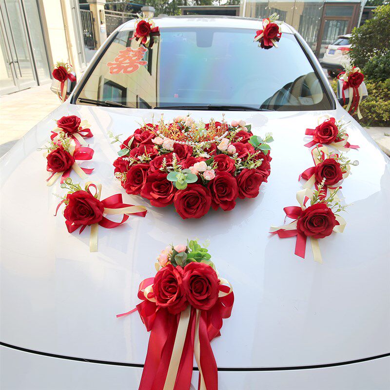 红色婚车花中式车花装饰森系心形婚礼主婚车头装饰车队拉花2022