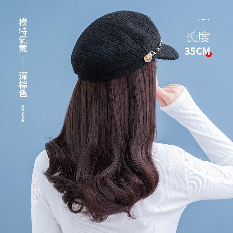 帽子一体假发帽子时尚新款2025网红海军帽中长卷发女秋冬季可拆卸