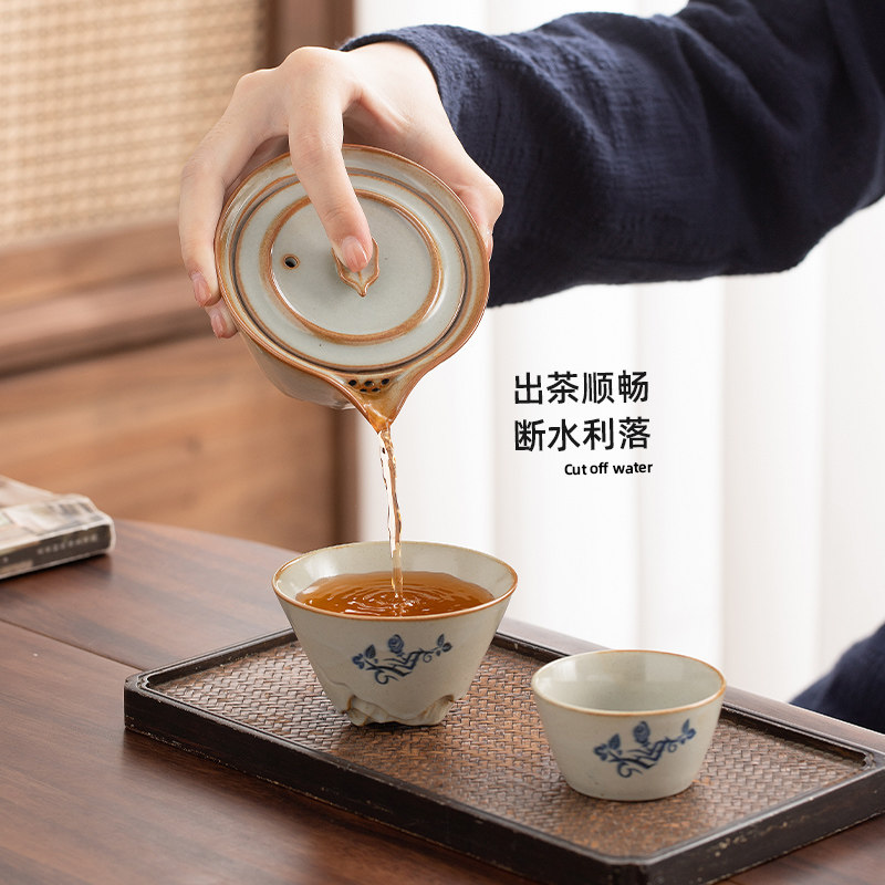 草木灰便携式旅行茶具小套装户外青花瓷手抓泡茶壶茶杯露营快客杯