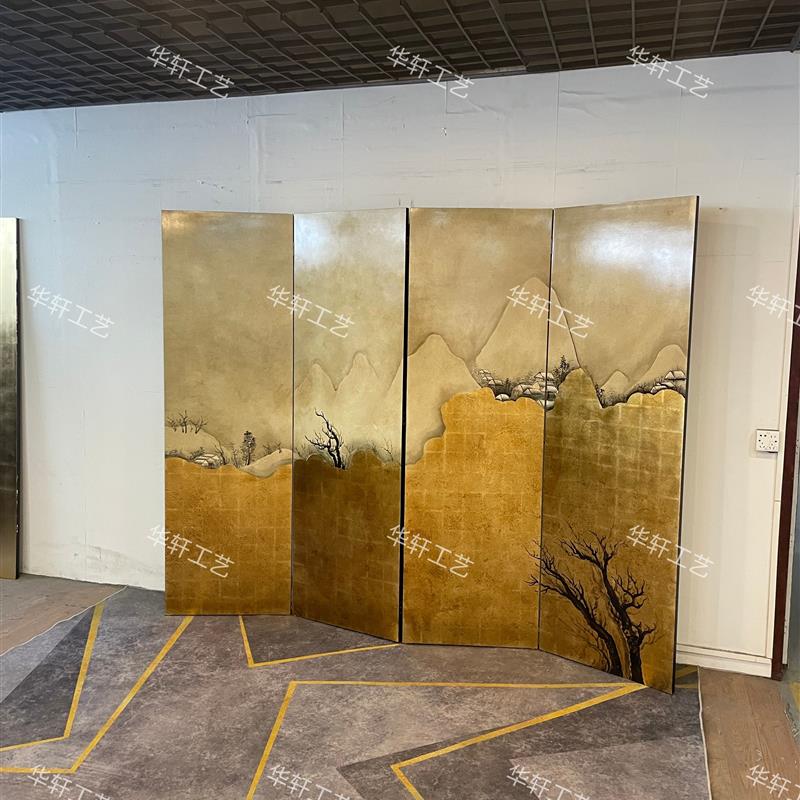 定制效果复古手绘屏风漆画新中式隔断玄关画茶室背景墙装饰画移动