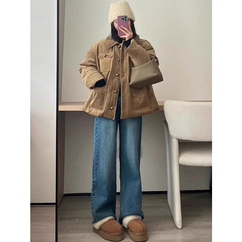 复古阔腿牛仔裤女春秋季2024新款高腰宽松显瘦垂感拖地加绒直筒裤
