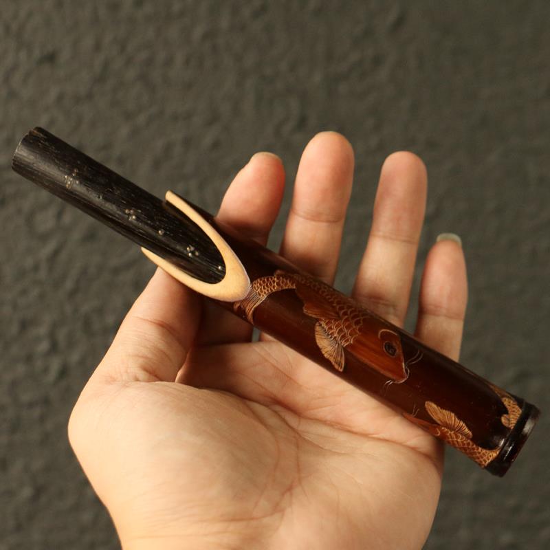 精品纯手工雕刻天然老秤杆手柄大马士革茶刀竹雕老煤竹茶具刀套子