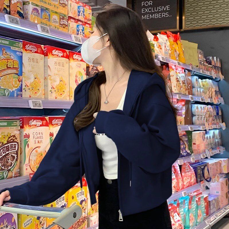 短款外套女士黑色卫衣女春秋2024新款小个子加绒开衫拉链开衫上衣