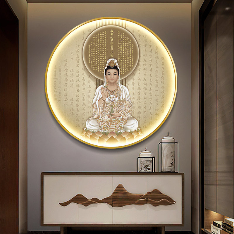 新中式玄关装饰画心经发光挂画禅意观音佛经书房壁画圆形LED灯画