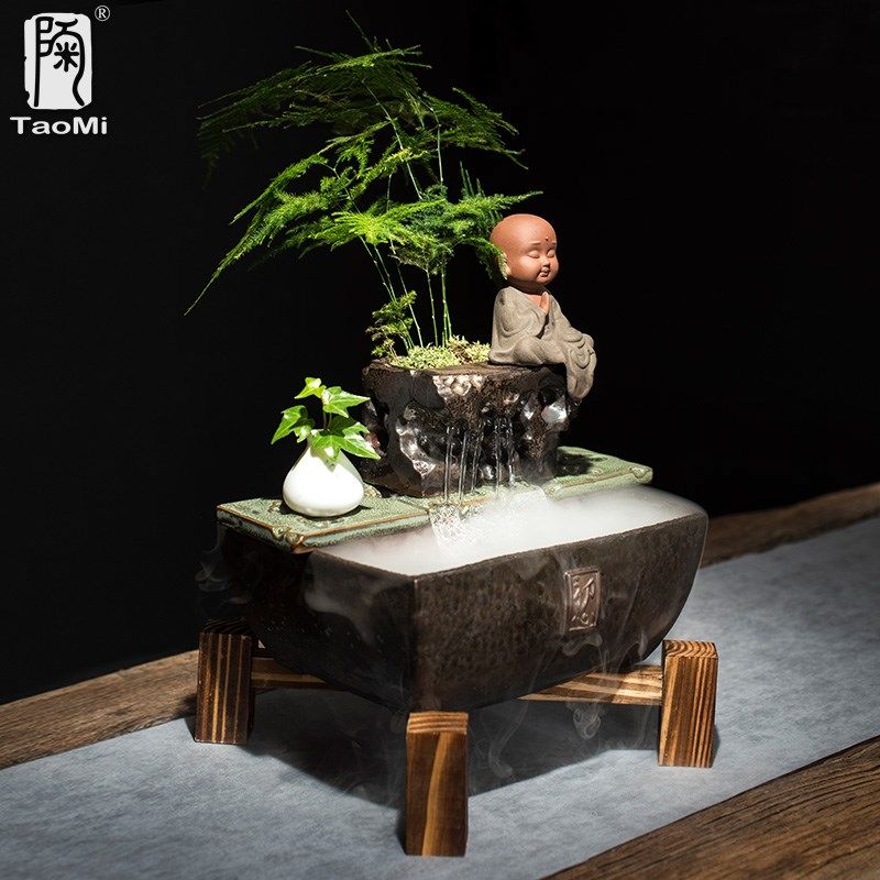 招财流水器摆件创意家居装饰桌面循环水养鱼盆中式乔迁开业礼品