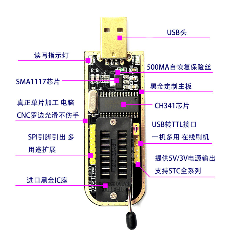 CH341A/B编程器土豪金色USB BIOS烧录器带测试夹子线工程塑料外壳图片