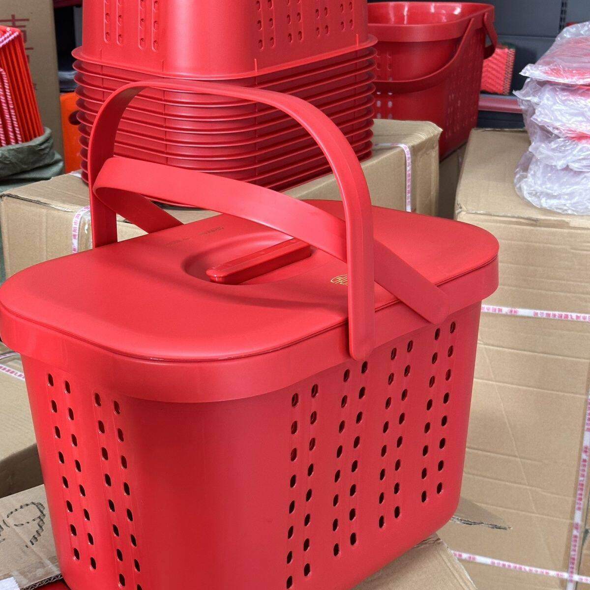 潮汕拜老爷家用超市篮子喜庆手提双层多功能加厚带盖子提篮购物篮