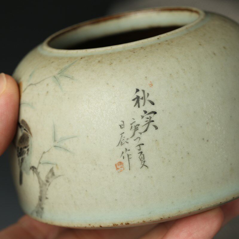 匠人手绘秋实图水盂 景德镇陶瓷器水丞文房收藏复古书法绘画专用