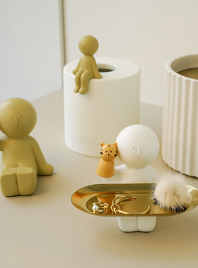 栀美家 光头小人手偶小老虎收纳托盘 进门玄关钥匙置物盘装饰摆件