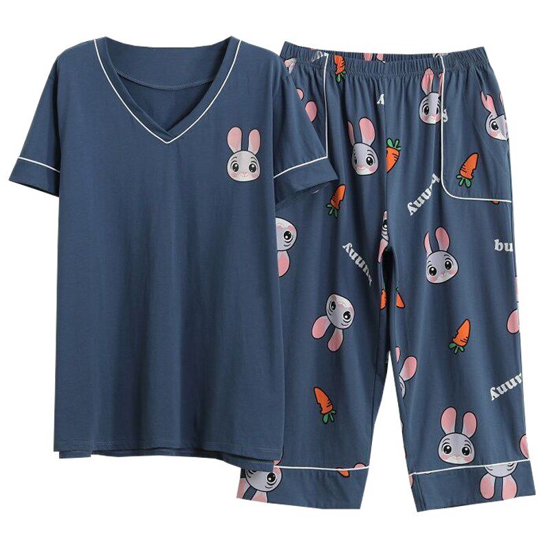 夏季加肥大码V领短袖七分裤纯棉睡衣女宽松胖MM两件套200斤家居服