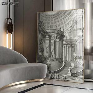 新品复古装饰画客厅沙发背景墙挂画城堡建筑艺术黑白简约巨幅壁画