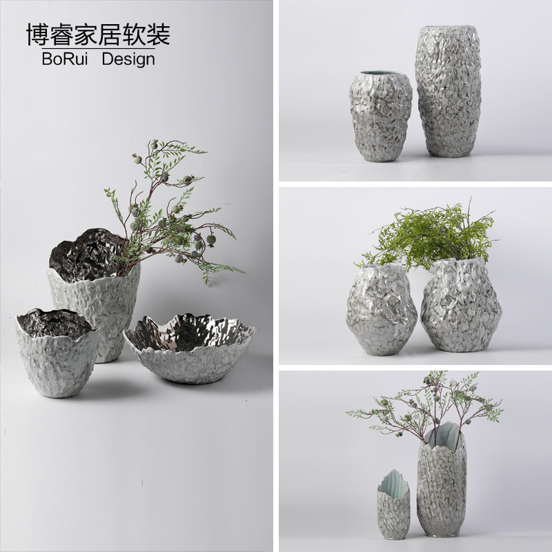 新中式大口径花瓶禅意客厅插干花陶瓷组合艺术花器样板房桌面摆件