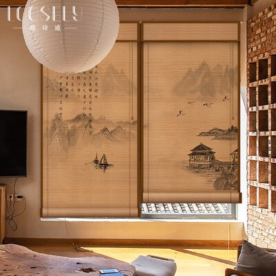 竹帘卷帘新中式阳台遮阳帘茶室客厅隔断山水画挂画窗户卷拉式窗帘