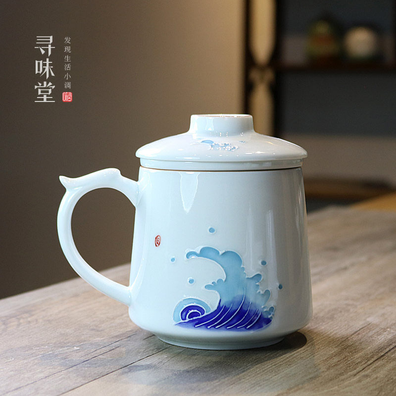 浮雕手绘办公杯雅致甜白瓷带茶隔茶杯老板杯盖杯水杯陶瓷茶具