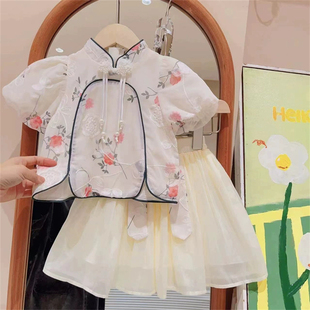 大家闺秀双版本女童国风花朵提花短裙两件套2023夏装汉服旗袍裙子