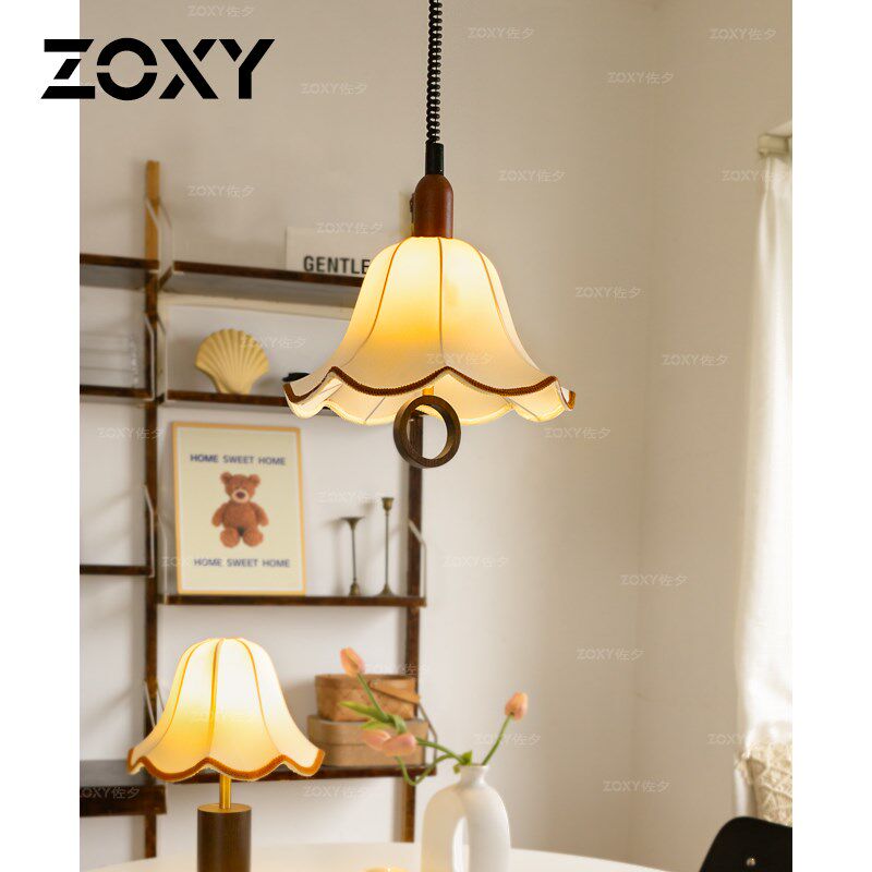 zoxy 中古风布艺餐厅小吊灯 实木伸缩吧台卧室房间浪漫法式餐桌灯