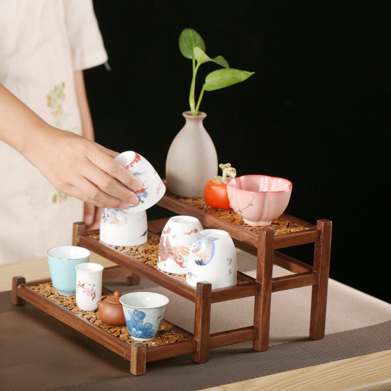 中式实木胡桃木多层核桃拼接茶具收纳博古架桌面置物架茶道晾杯架