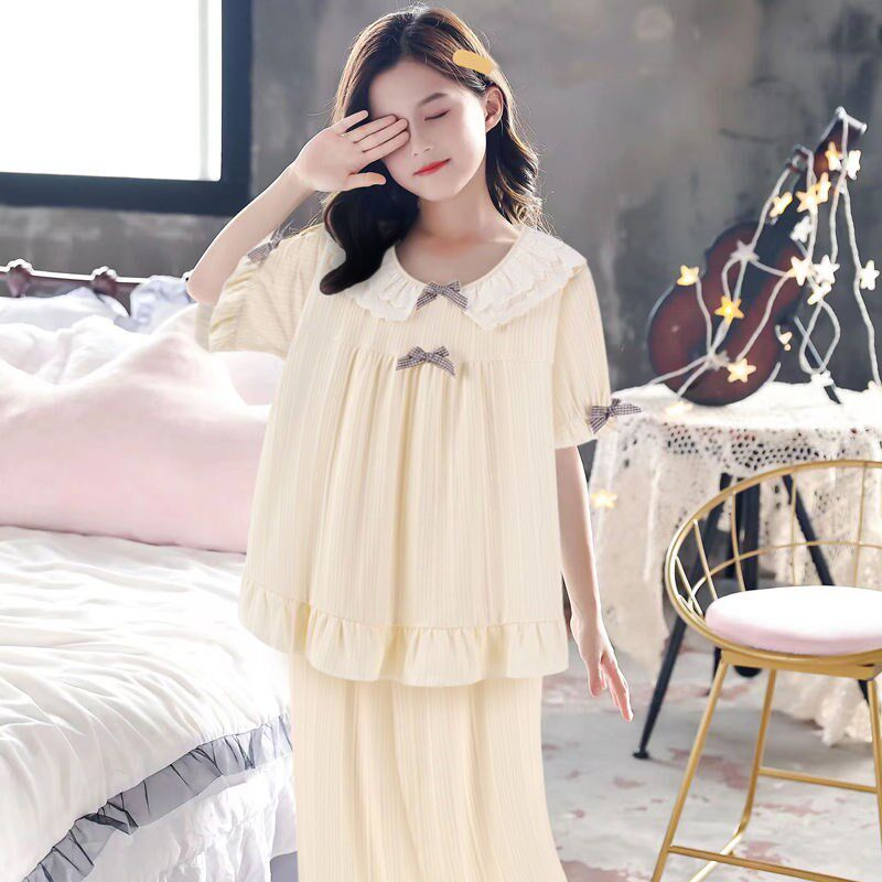 女童2023年新款短袖长裤睡衣女夏季天纯棉可爱公主风家居服套装