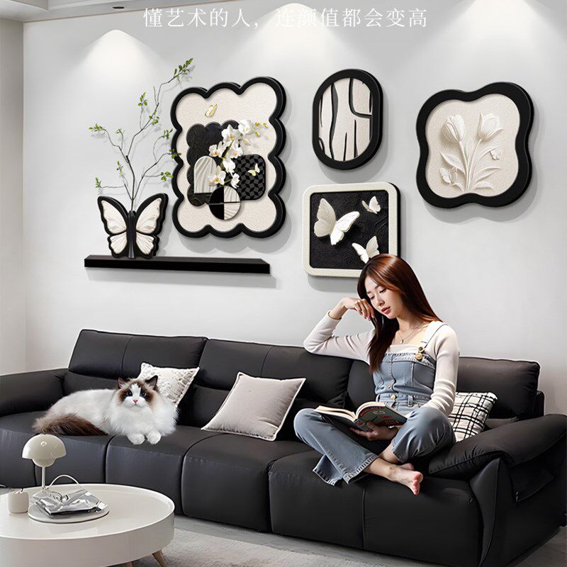 2025新款客厅装饰画黑白抽象沙发背景墙挂画高级感艺术组合墙壁画