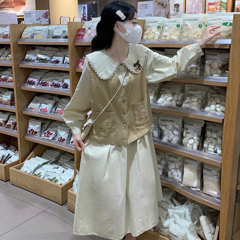 初中女生马甲套装甜美连衣裙秋2024新款高中学生小清新甜美中长裙