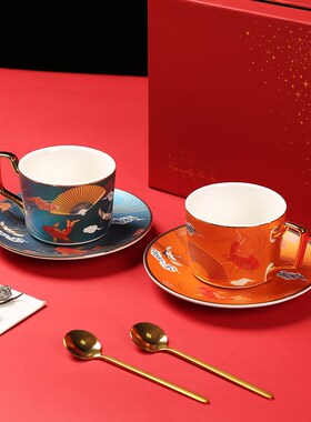 国潮陶瓷杯咖啡杯碟礼盒套装下午茶茶具杯子水杯家用带碟勺送礼品
