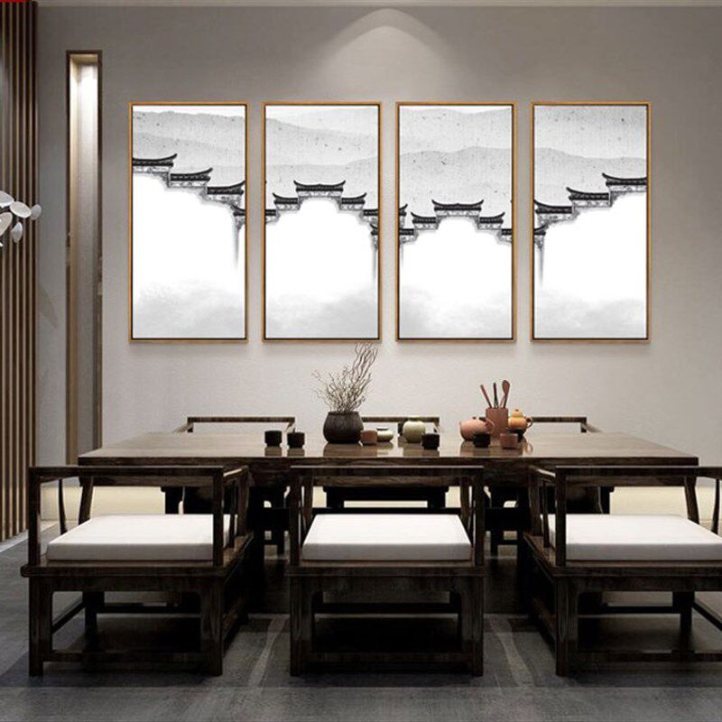 新中式客厅装饰画徽派建筑壁画沙发背景墙四联竖禅意挂画水墨国画