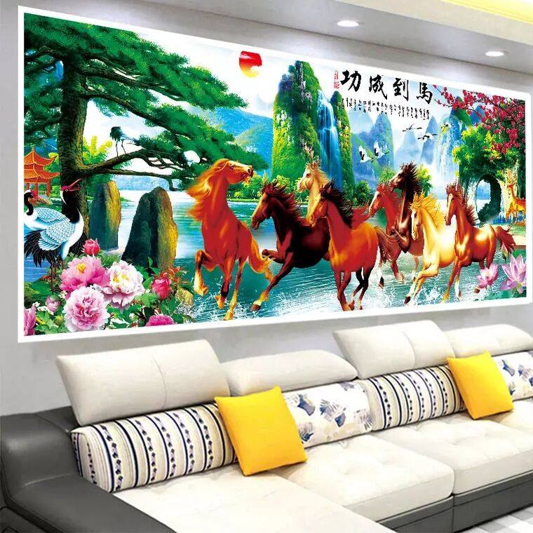 十字绣线绣2021新款客厅山水画八骏图马到成功满绣大气手工自己绣
