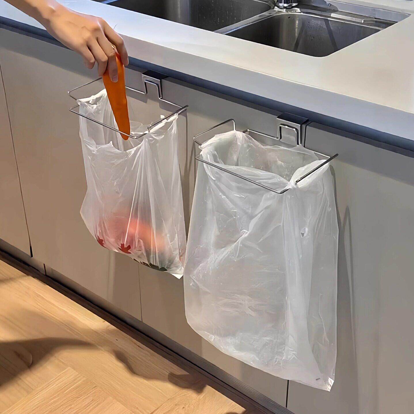 不锈钢打孔化妆室收纳层架子支垃圾垃圾桶可折叠塑料袋挂式架免厨